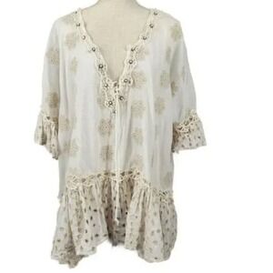 Ranees Boho Peasant Blouse 100% Cotton Embroidered Lace Tassel Top Cream Beige M